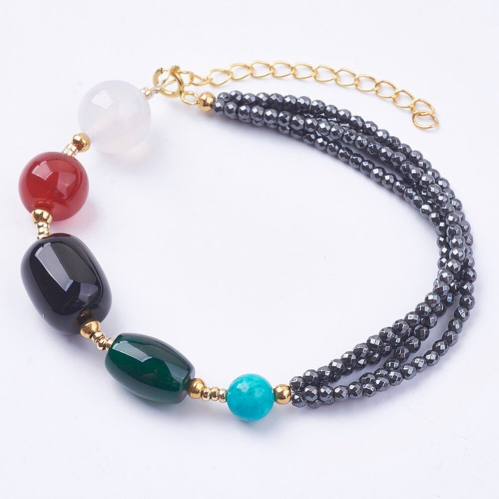 Natural Agate & mixed Gemstone Bracelet 3 rows faceted hematite NWOT Great GIFT